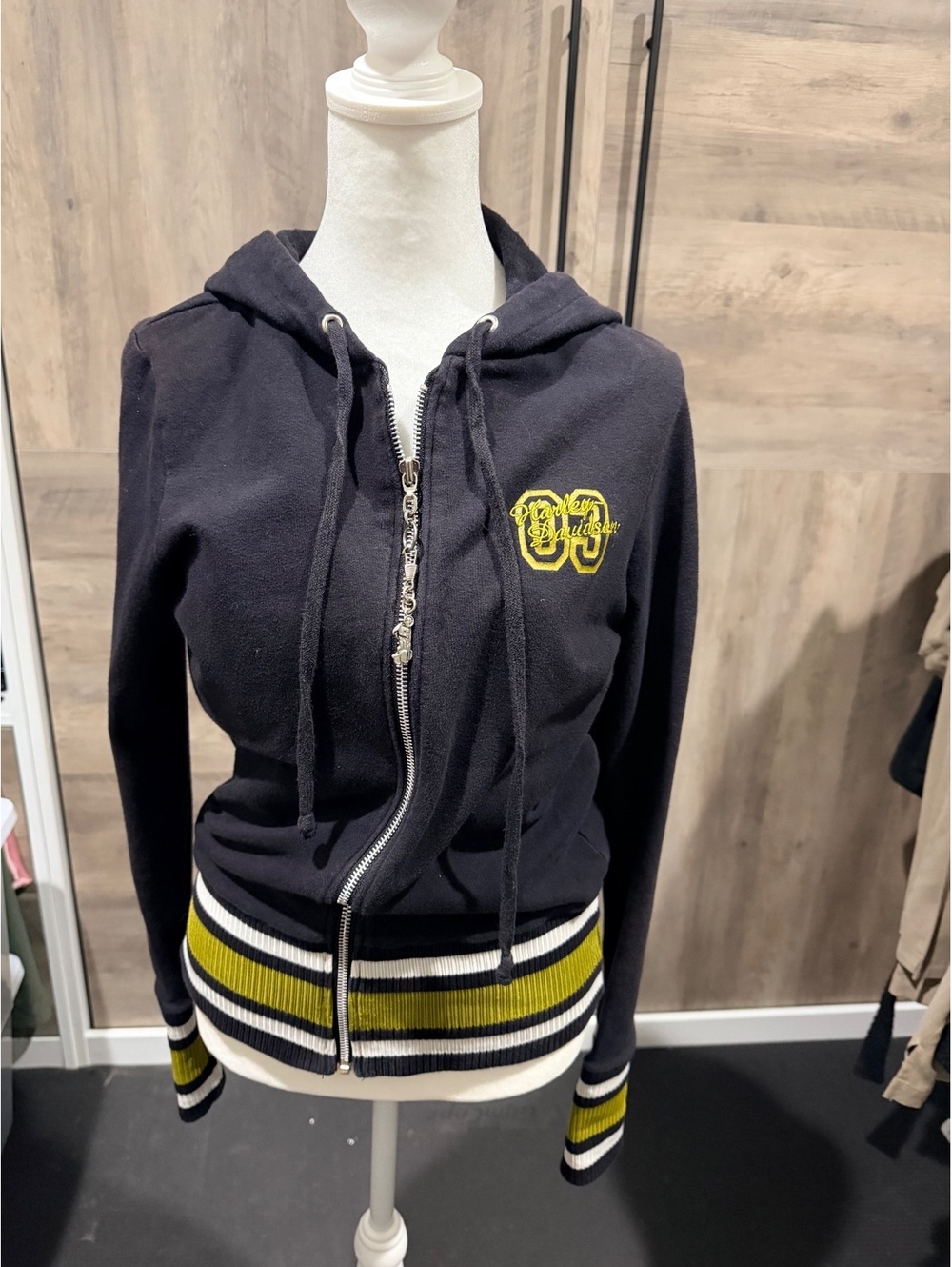 Harley-Davidson Women's Black Zip-Up Hoodie with Yellow & White Striped Trim, ZC